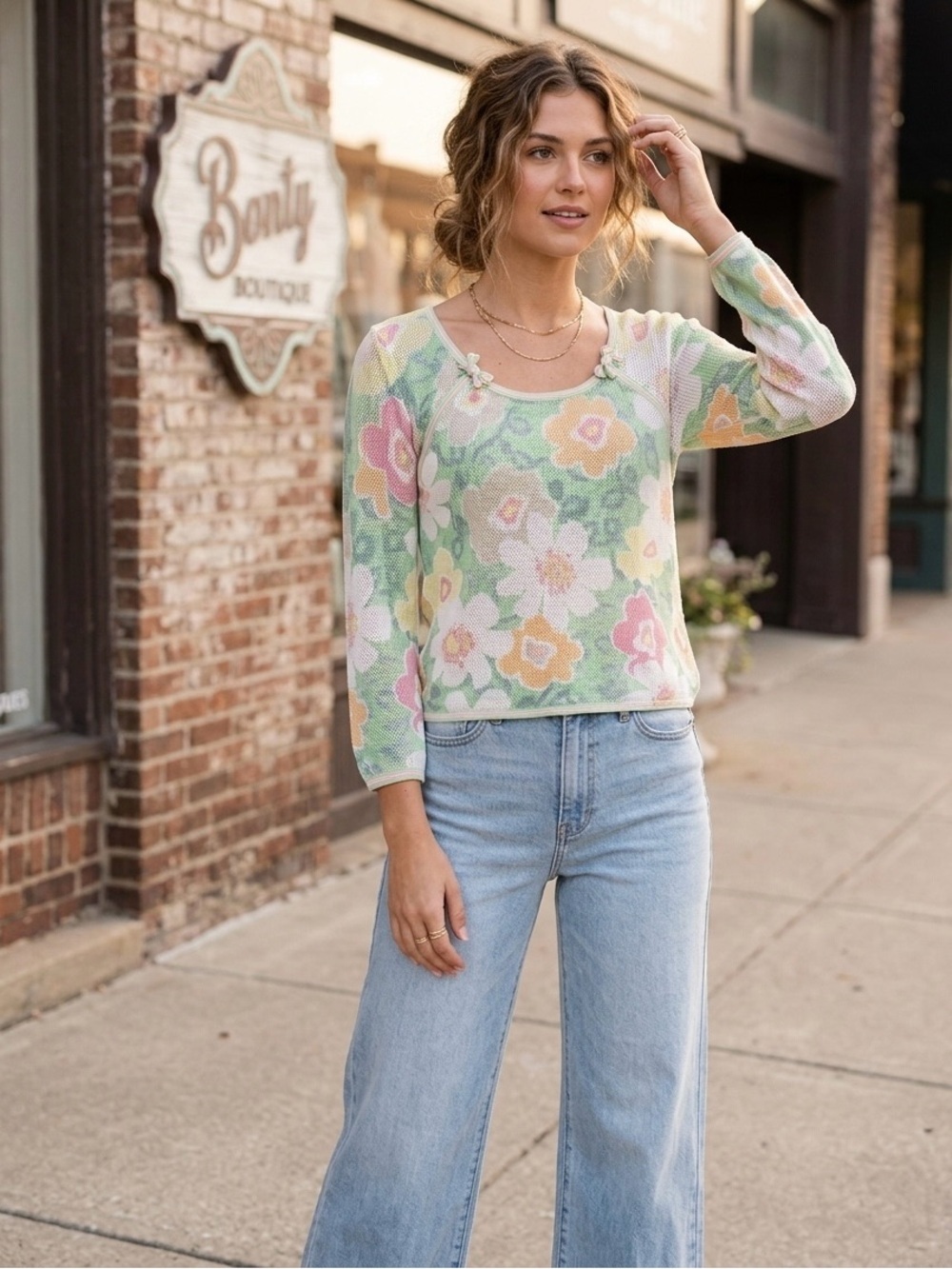 Sigrid Olsen Floral Mesh Knit Sweater Top Medium Pastel Cottagecore Boho